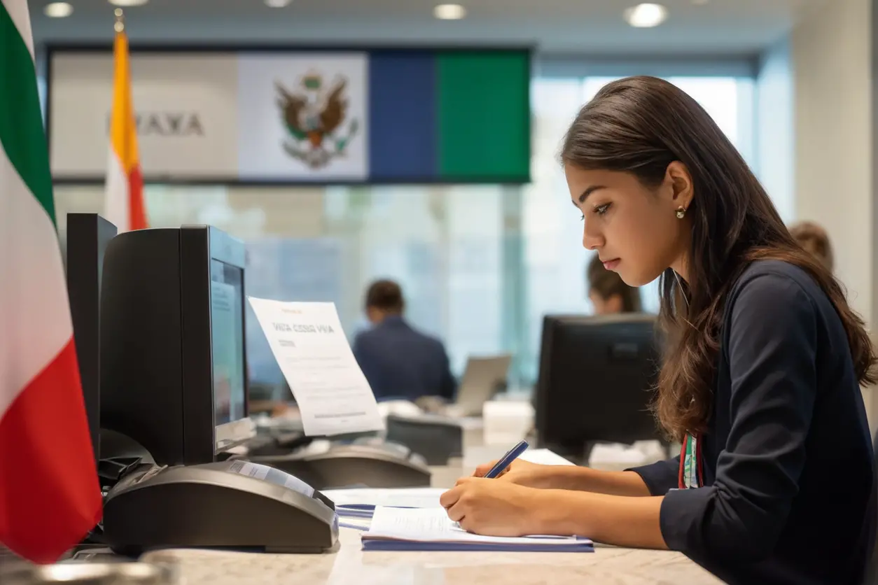 Estudiante llenando formularios de solicitud de visa en una oficina consular mexicana