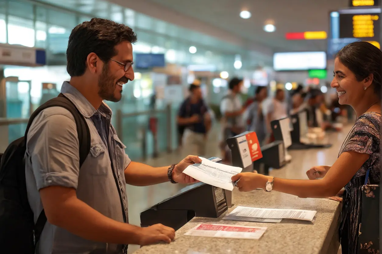 Turista entregando su pasaporte y visa en un aeropuerto mexicano