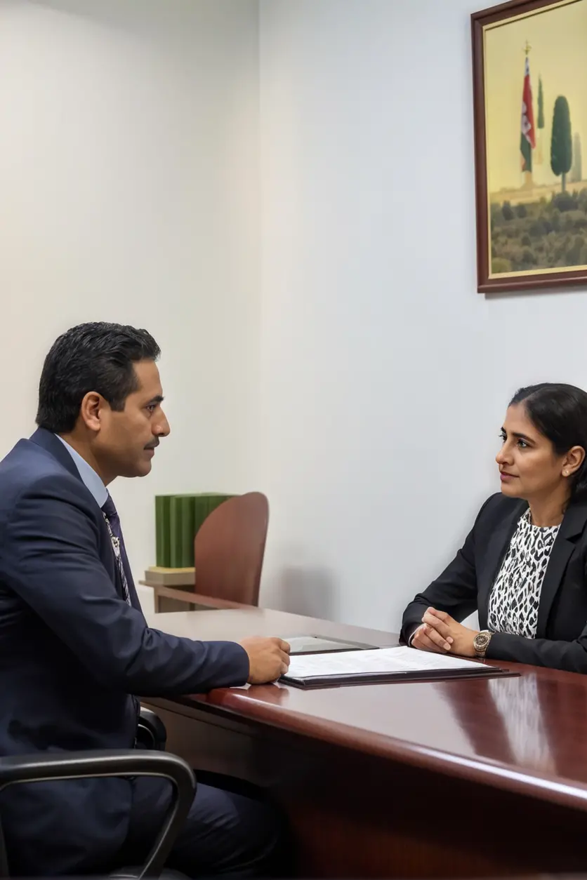 Oficial de inmigración mexicana entrevistando a un residente extranjero