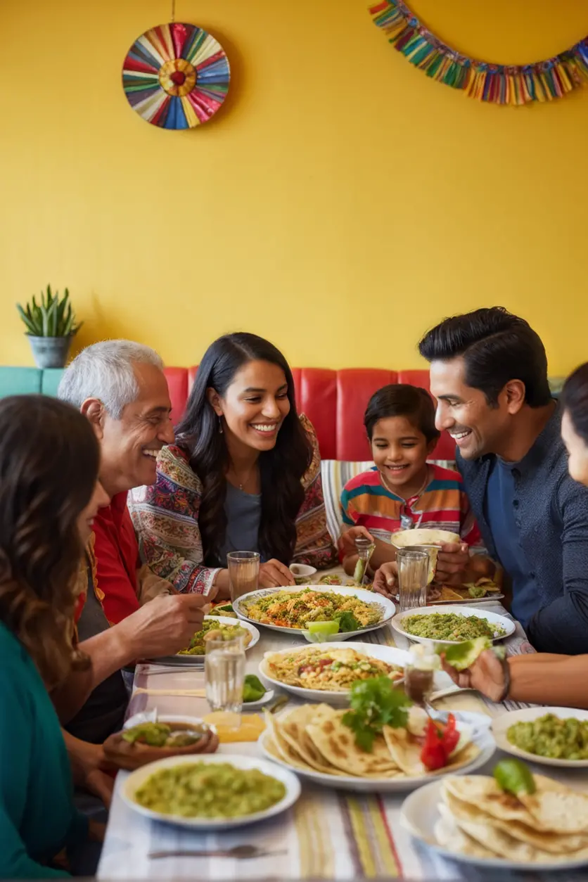 Familia multicultural disfrutando una comida mexicana juntos