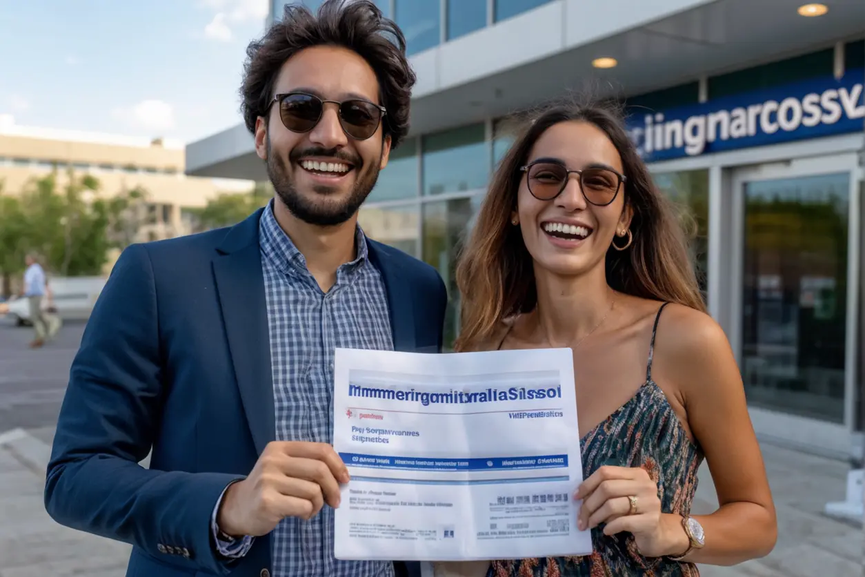 Pareja celebrando la aprobación de su visa de matrimonio fuera de la oficina de inmigración