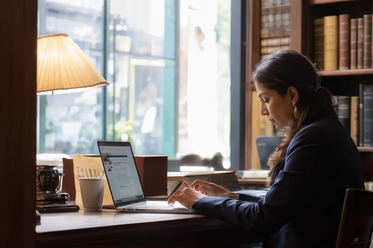 Persona investigando abogados de migración en una laptop