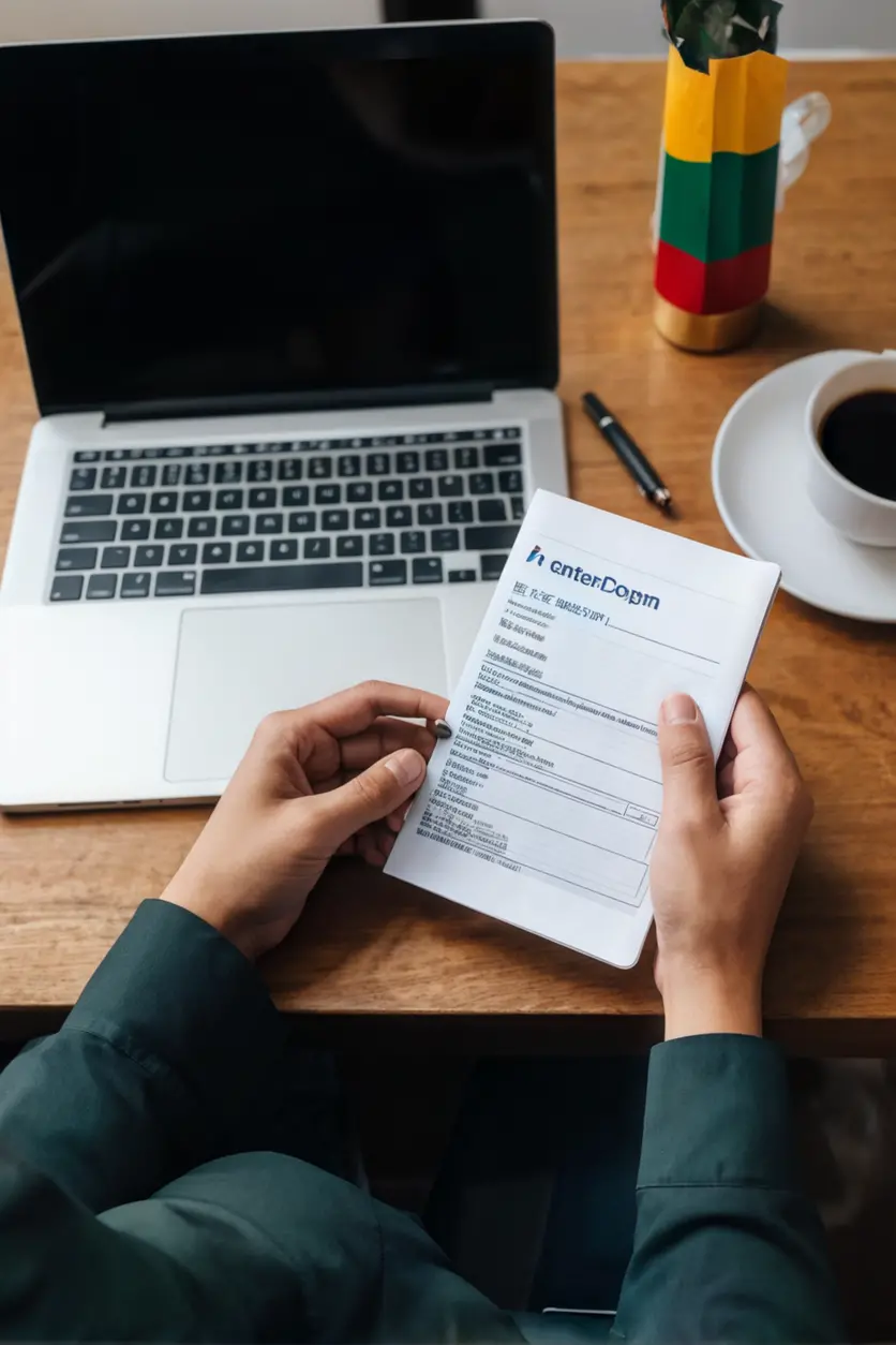 Persona rellenando un formulario de solicitud de visa en línea en una computadora portátil.