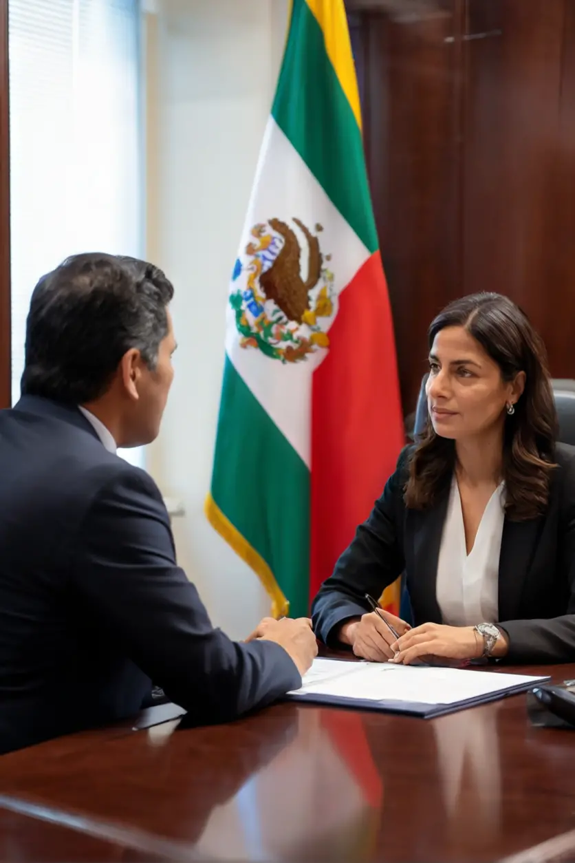 Solicitante de visa siendo entrevistado por un oficial consular en una oficina del consulado.