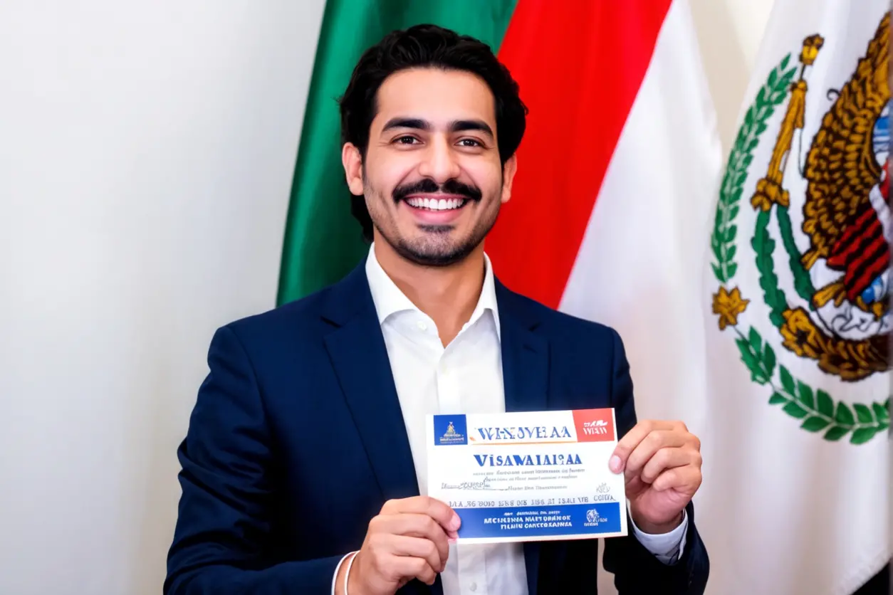 Empresario sosteniendo su visa de inversionista aprobada con una sonrisa.