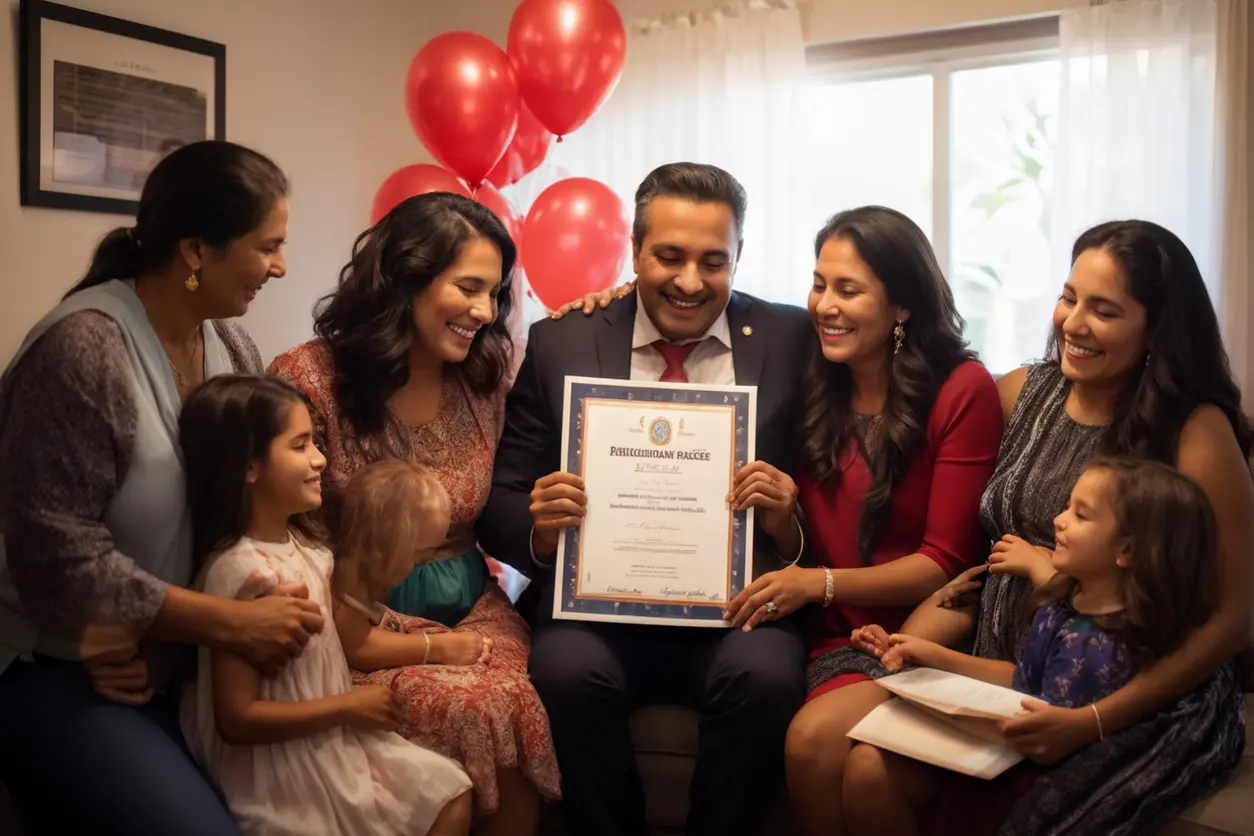 Familia celebrando con abrazos y felicitaciones por la nueva ciudadanía de un miembro.