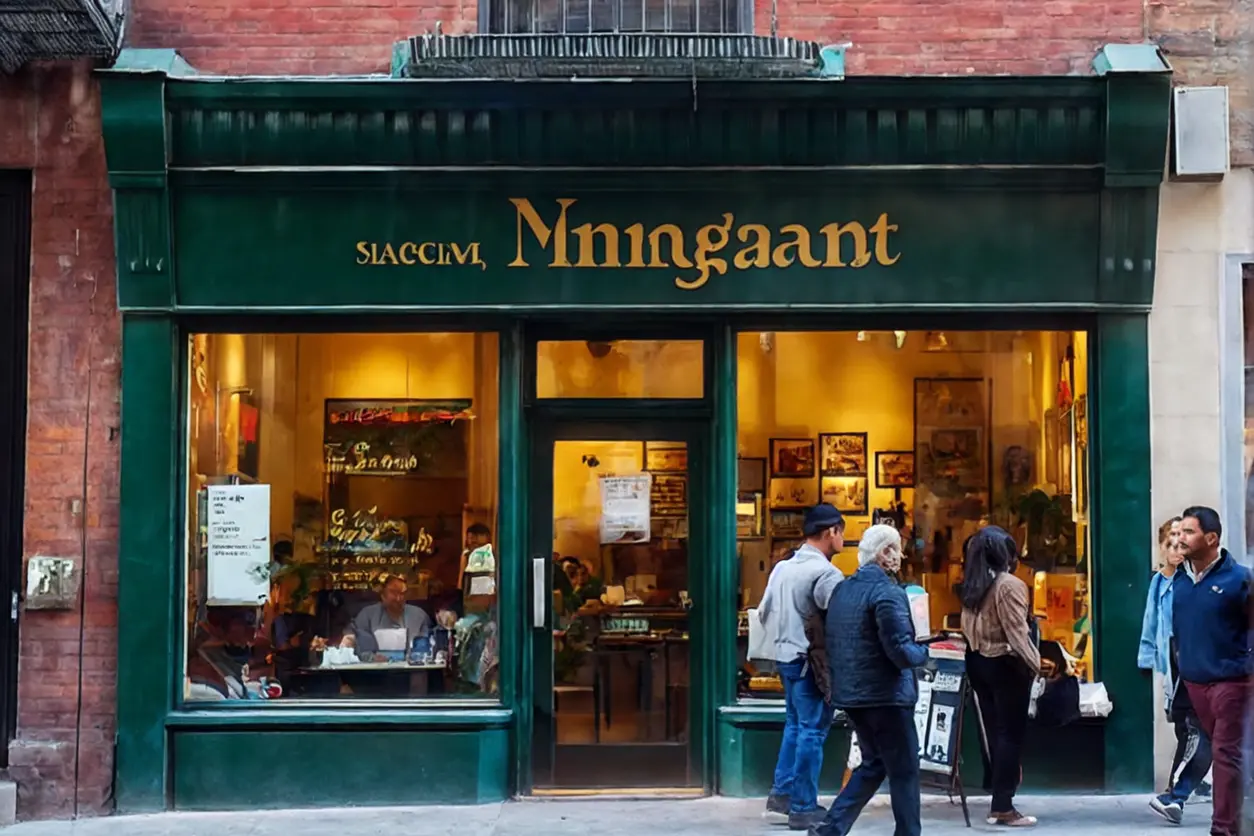 Negocio de inmigrantes en una zona urbana, con letreros en español y en el idioma nativo de los inmigrantes.