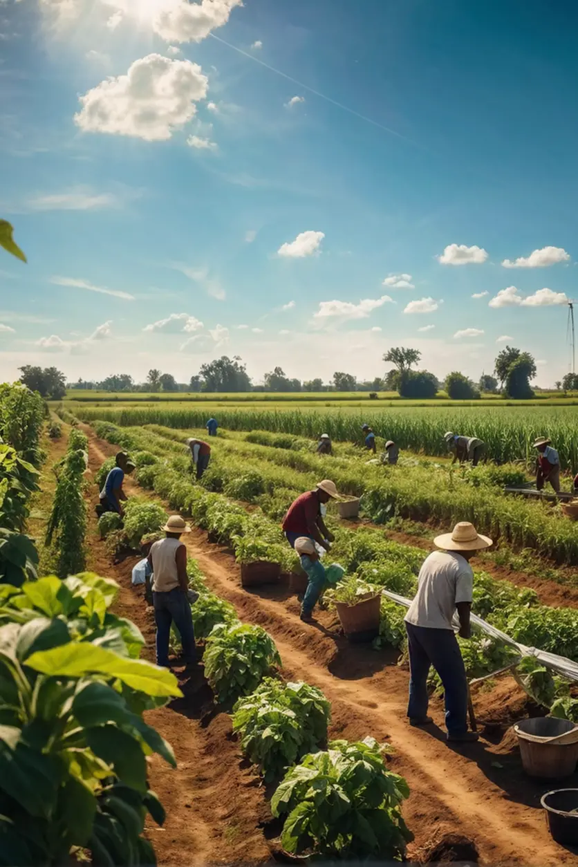 Trabajadores inmigrantes cosechando cultivos en un entorno agrícola rural.