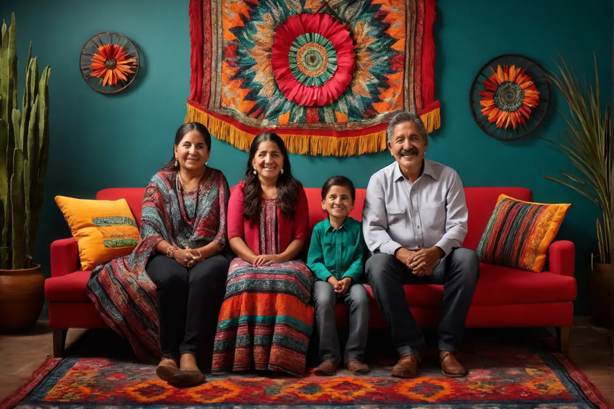 Familia reunida en una sala de estar mexicana