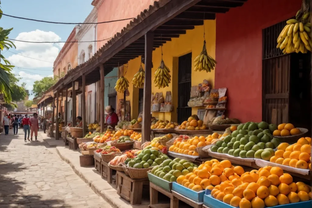 Mercado tradicional mexicano con puestos de frutas, verduras y artesanías