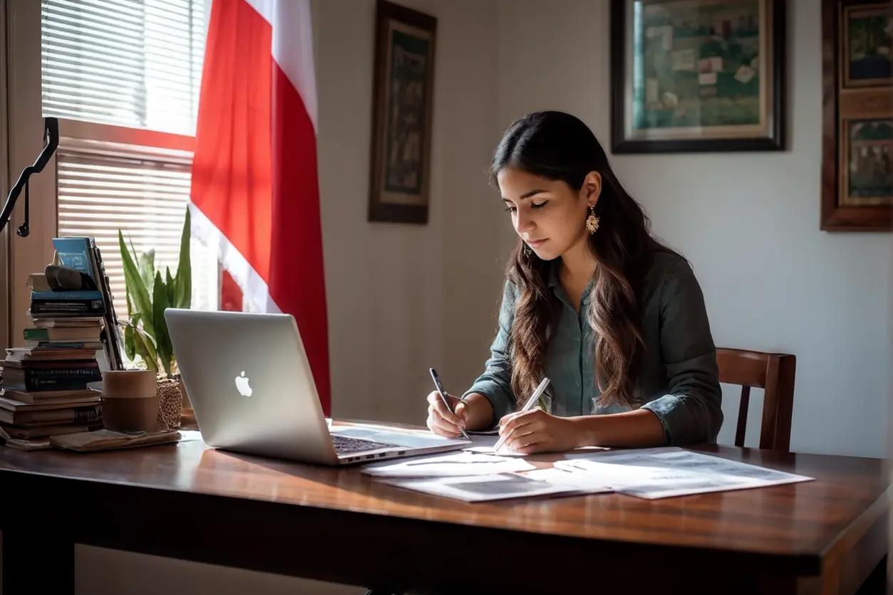 Persona llenando formularios de solicitud de residencia en una mesa de trabajo en casa."