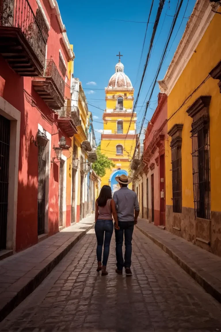 Turistas explorando una ciudad colonial mexicana con arquitectura colorida