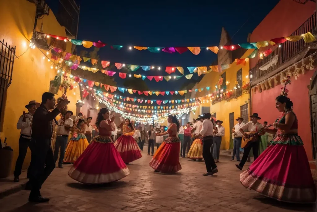 Festival local mexicano con bailarines tradicionales y músicos mariachi