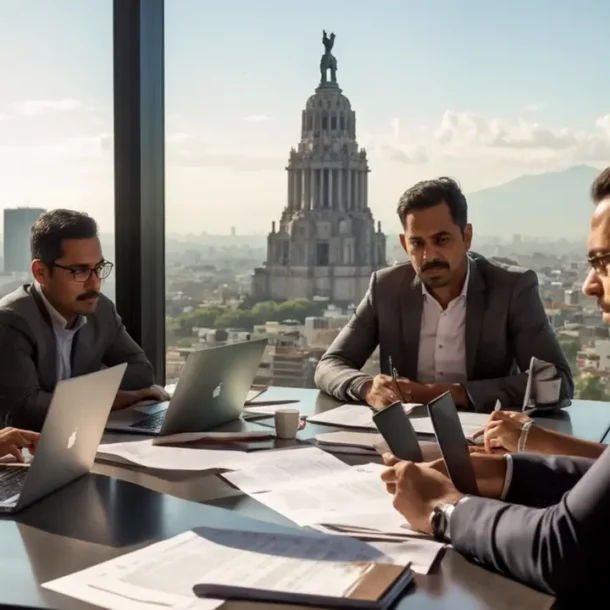 Oficina profesional en la Ciudad de México con vista panorámica de los monumentos emblemáticos.