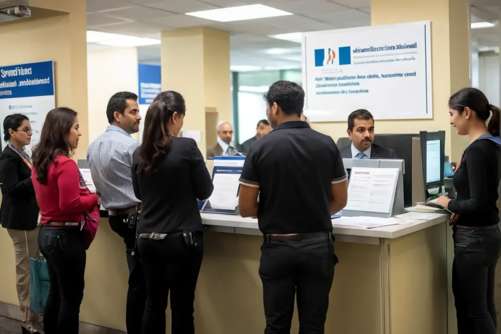 Oficina de registro de extranjeros con trabajadores internacionales haciendo fila