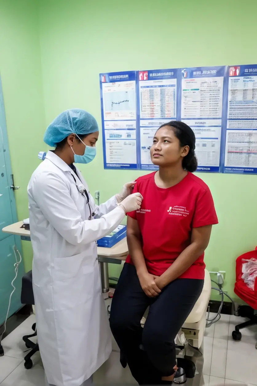 Doctor realizando un examen médico a un trabajador extranjero.