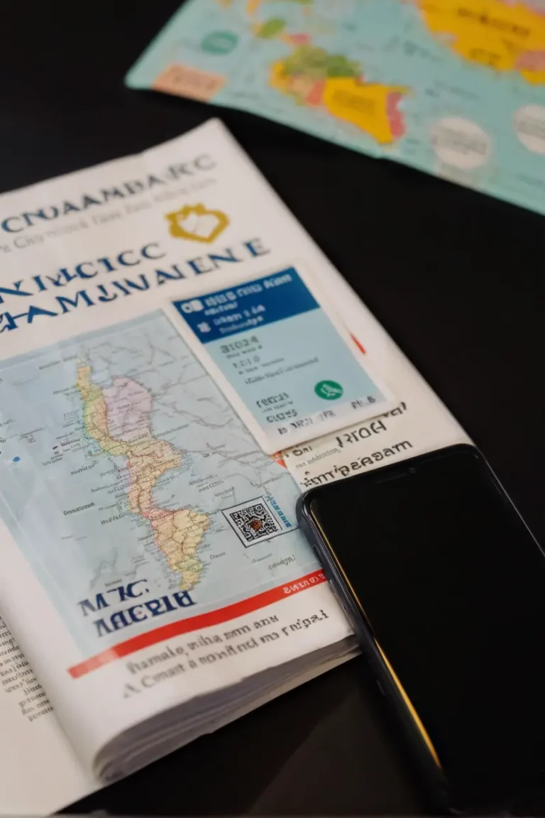 Documentos de seguro de viaje y tarjeta digital en un teléfono inteligente.