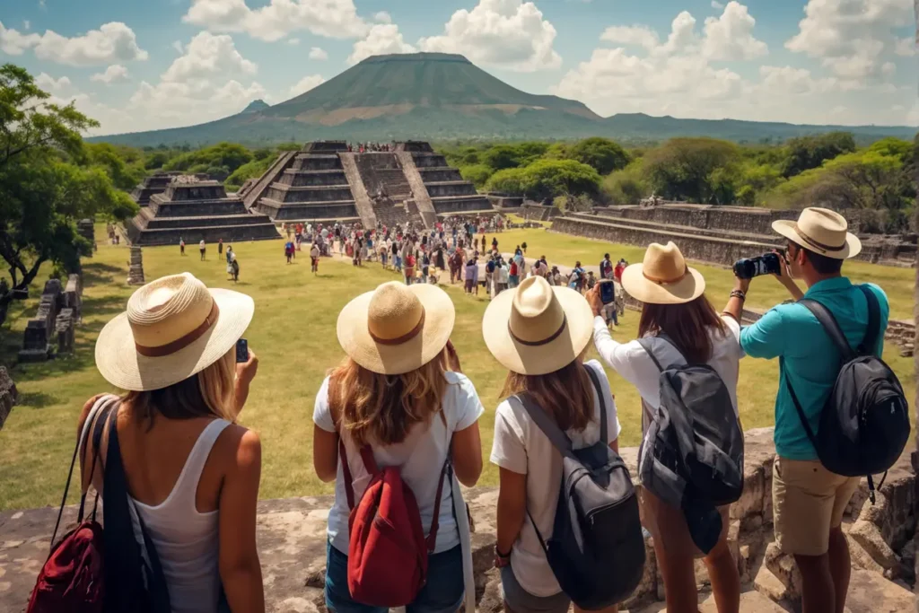 Turistas internacionales explorando las ruinas de Teotihuacán en México.