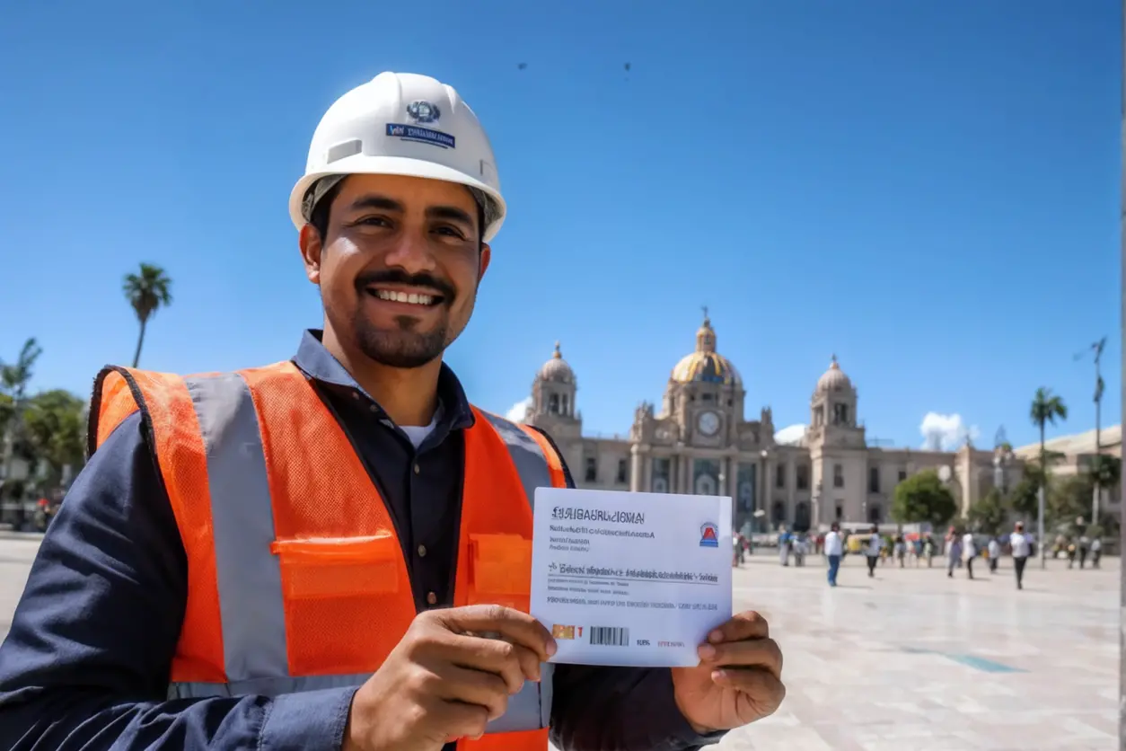 Trabajador extranjero mostrando su nueva visa de trabajo frente a un edificio gubernamental en México