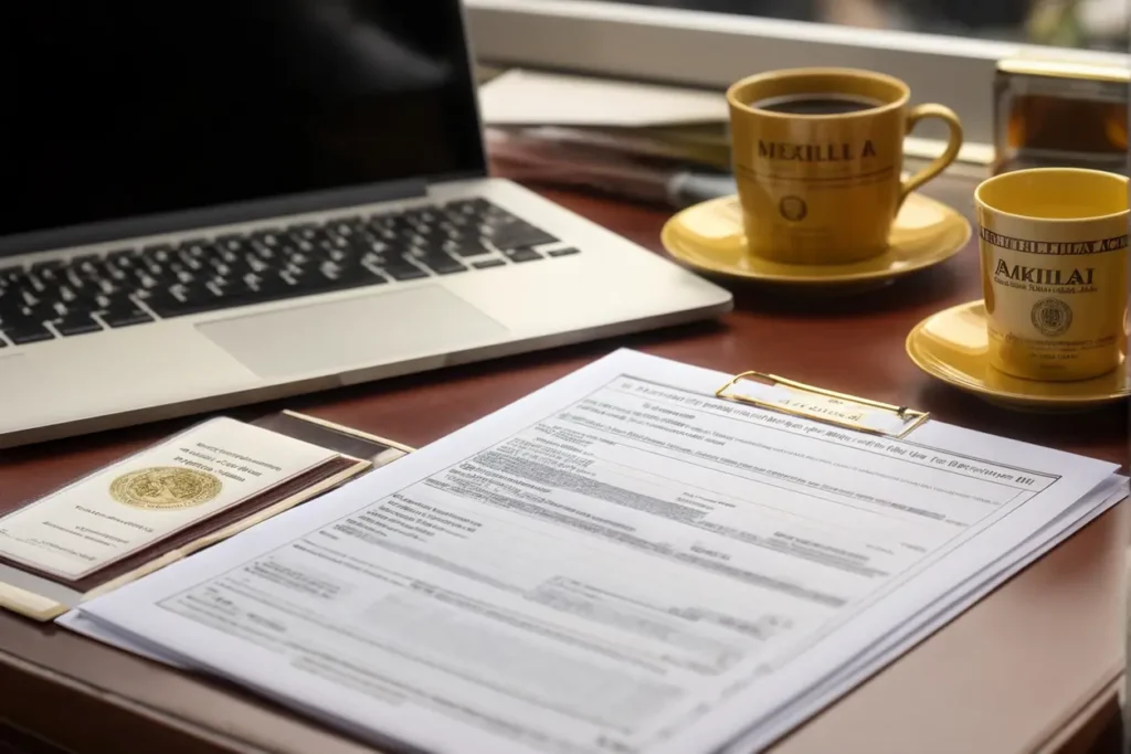 Documentos necesarios para la solicitud de visa de trabajo calificado en un escritorio.