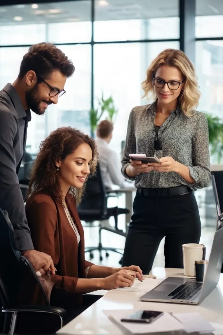 Profesionales de diferentes culturas trabajando juntos en una oficina moderna.