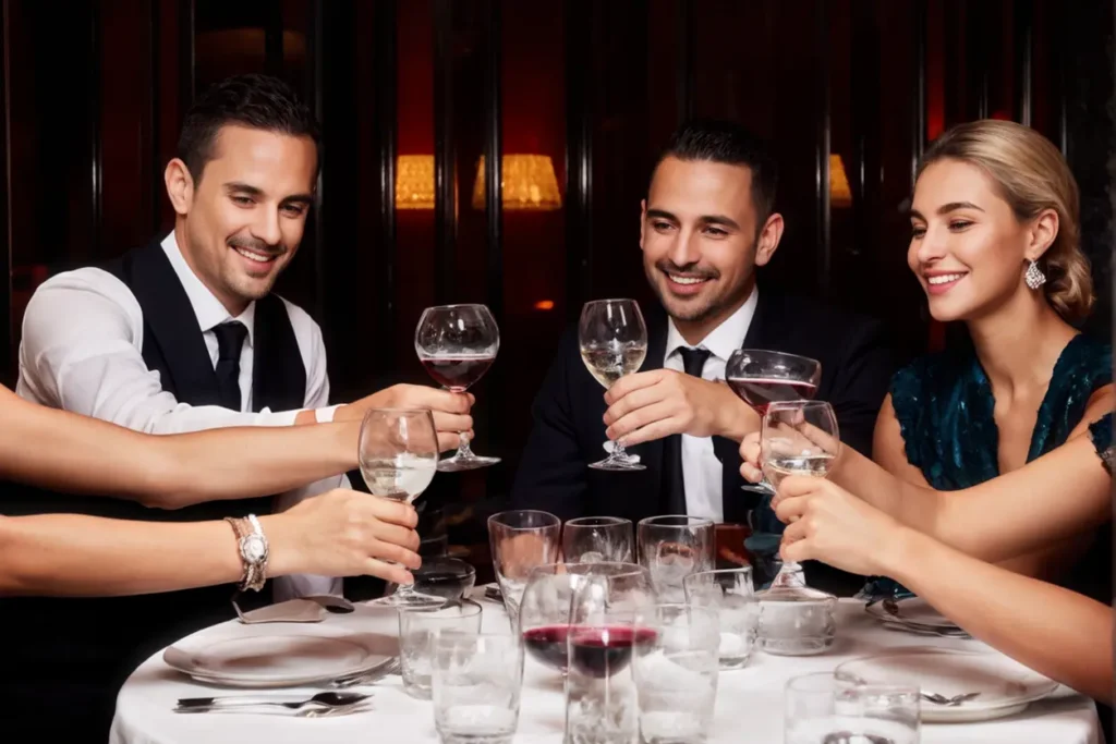 Grupo brindando con copas de vino en un restaurante elegante