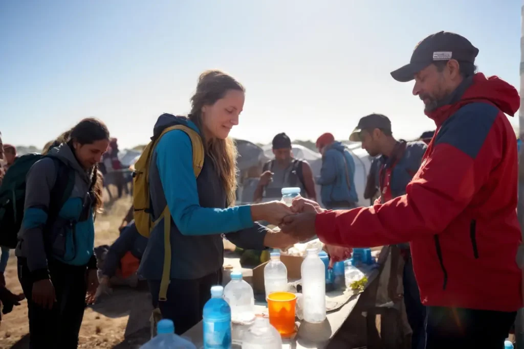Voluntarios ofreciendo comida y agua a migrantes en un punto de descanso.