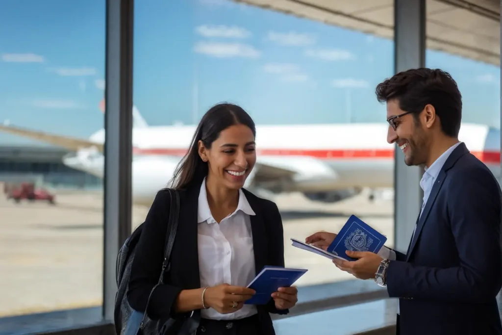 Solicitante de visa saliendo del consulado con una sonrisa y su pasaporte