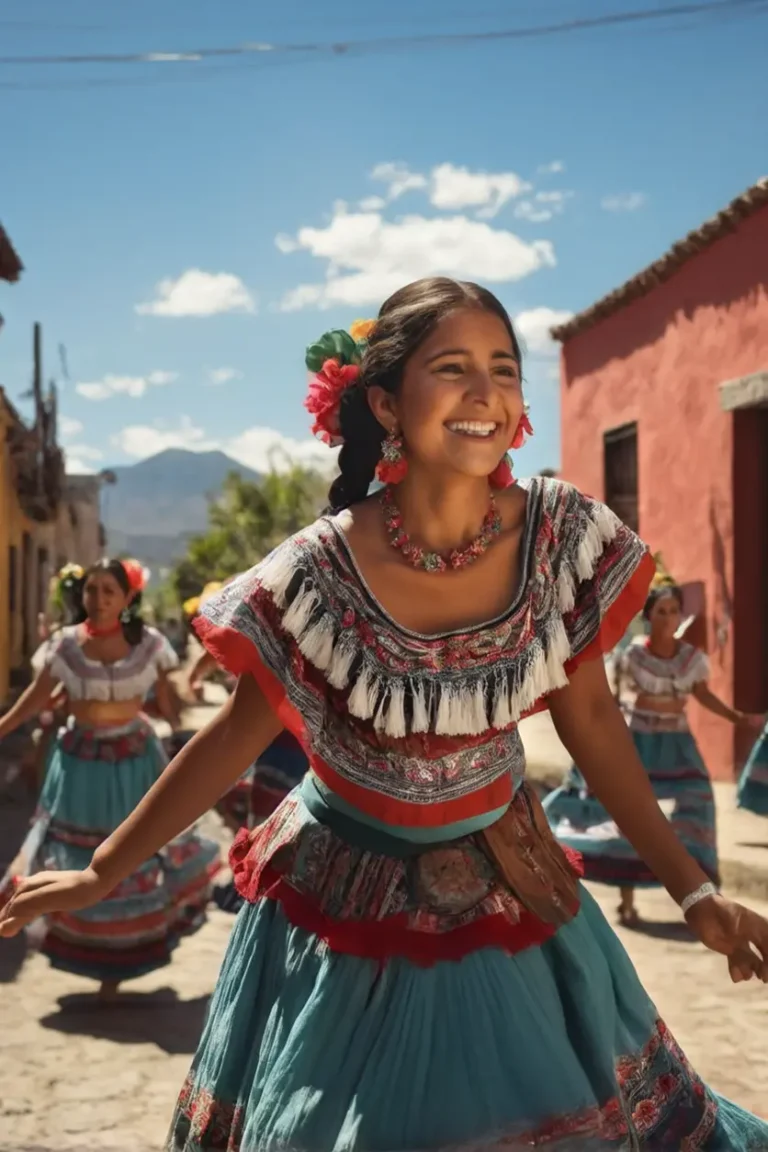 Collage cultural mexicano mostrando comida típica, danzas y sitios históricos
