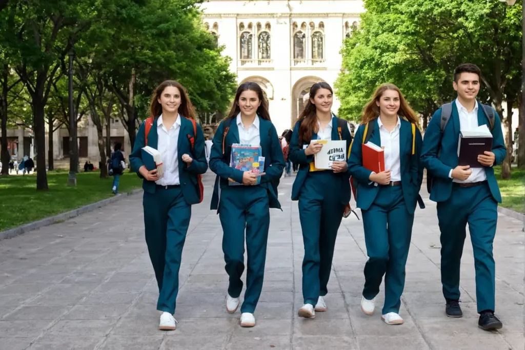 Estudiantes caminando por un campus universitario con mochilas y libros