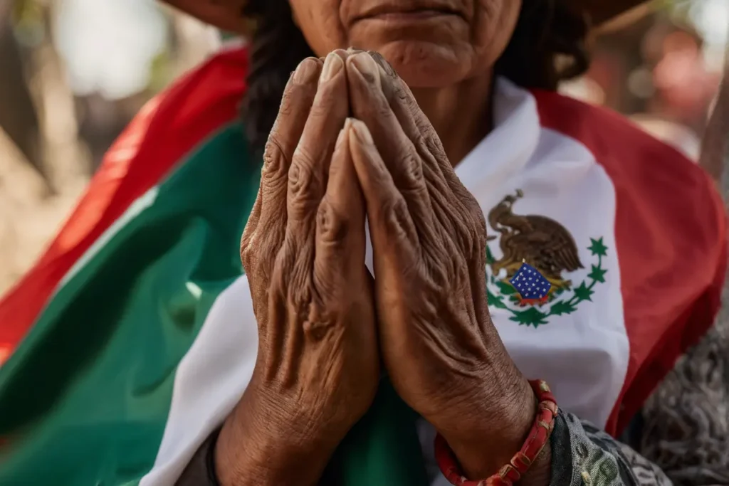 Manos de migrante sosteniendo una bandera mexicana pequeña y un permiso de trabajo.