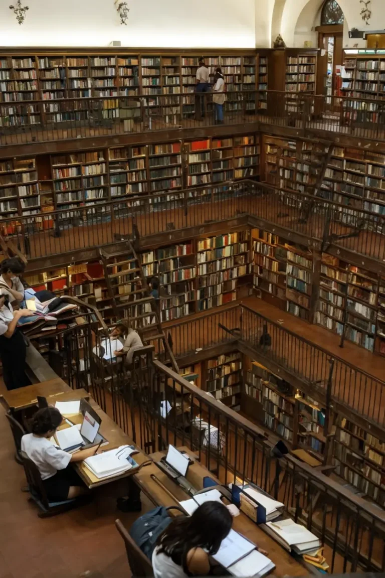Estudiantes concentrados estudiando en una biblioteca universitaria