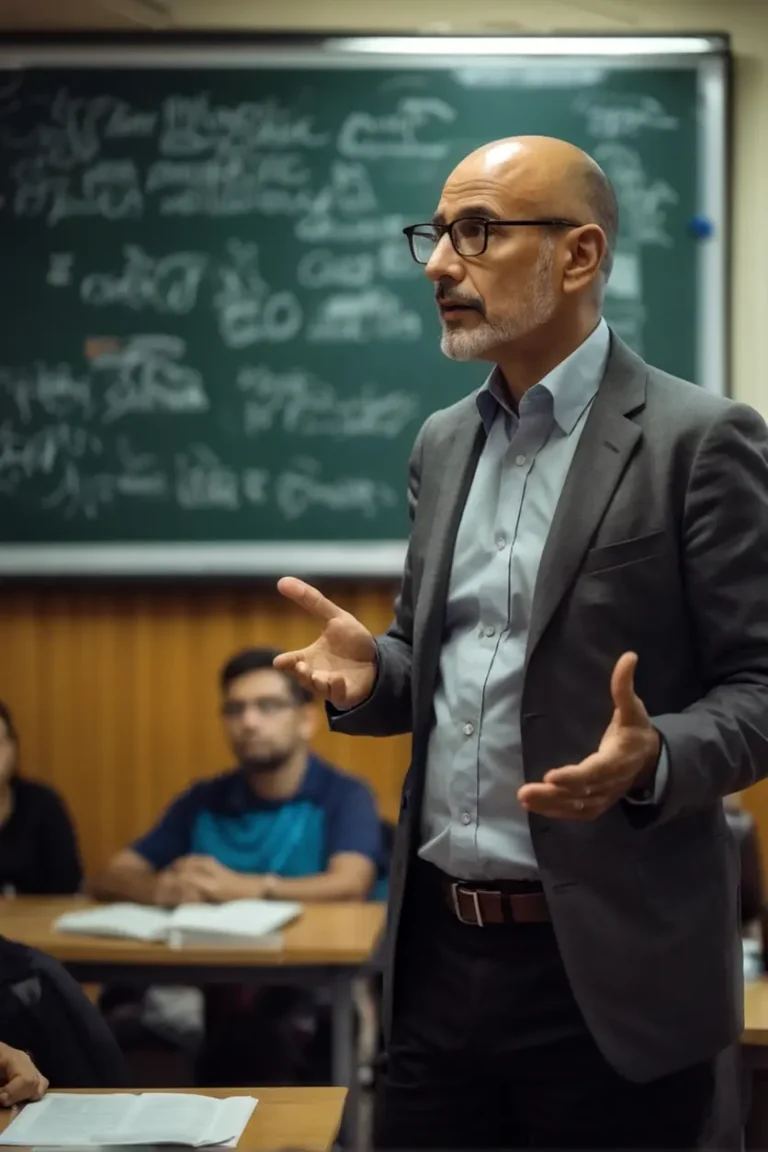 Profesor explicando un concepto en el aula con entusiasmo