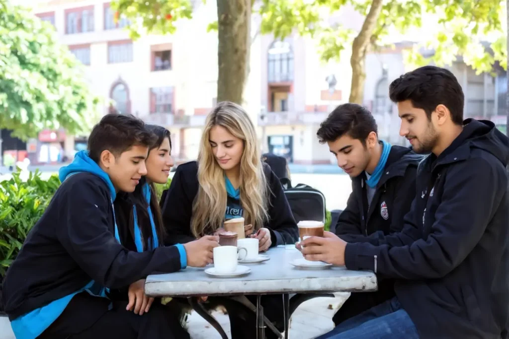 Estudiantes disfrutando de un café en una plaza universitaria