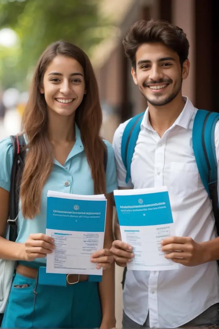 Estudiantes internacionales recibidos por funcionarios universitarios con sonrisas y folletos informativos