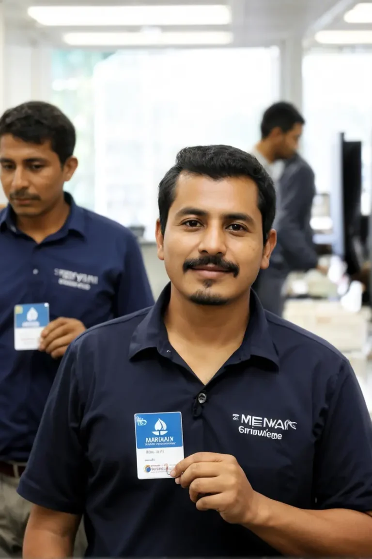 Trabajador migrante mostrando con orgullo su gafete de empleado en una empresa mexicana.