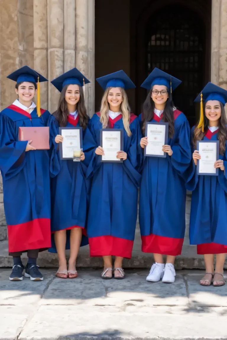 Estudiantes con togas y birretes, sonriendo y sosteniendo sus diplomas durante la ceremonia de graduación