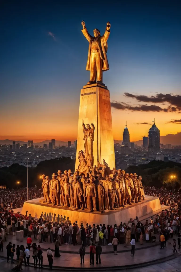 Trabajadores migrantes de diversas nacionalidades reunidos alrededor del Monumento a la Revolución en Ciudad de México.