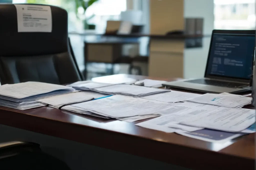 Mesa con documentos y laptop mostrando la página del Instituto Nacional de Migración
