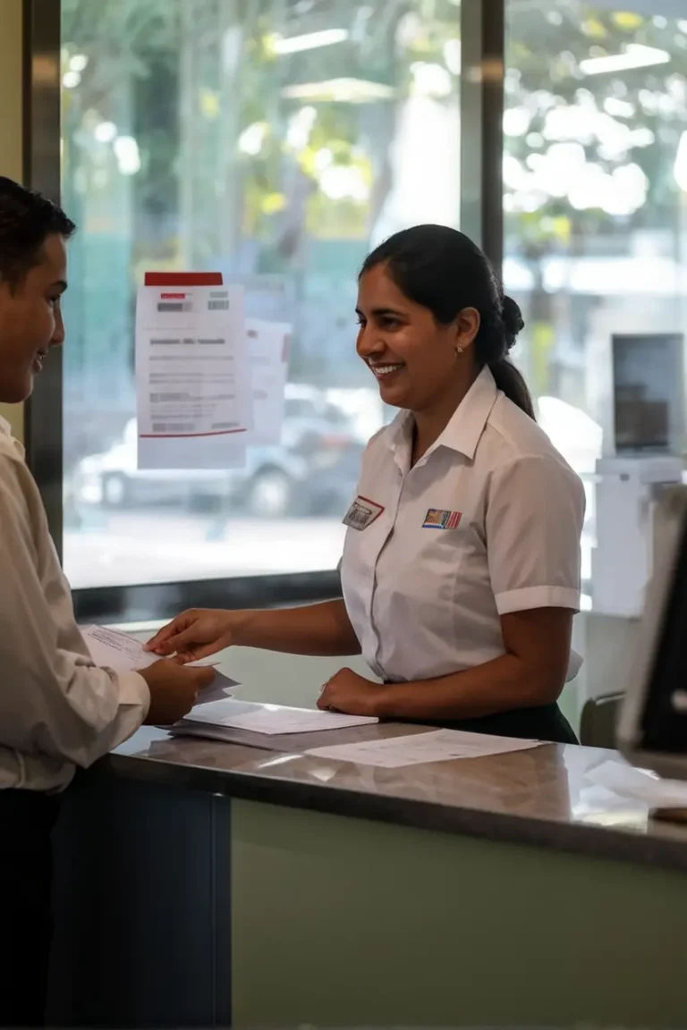 Persona entregando documentos a un funcionario en el Instituto Nacional de Migración