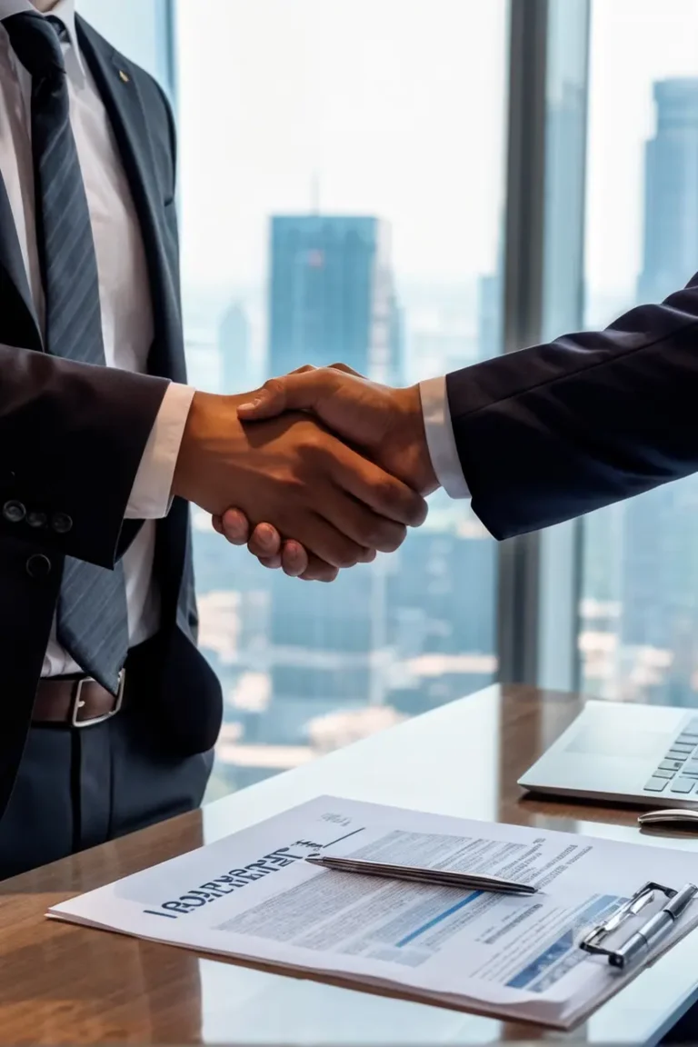 Profesional estrechando la mano con un empleador en una oficina moderna