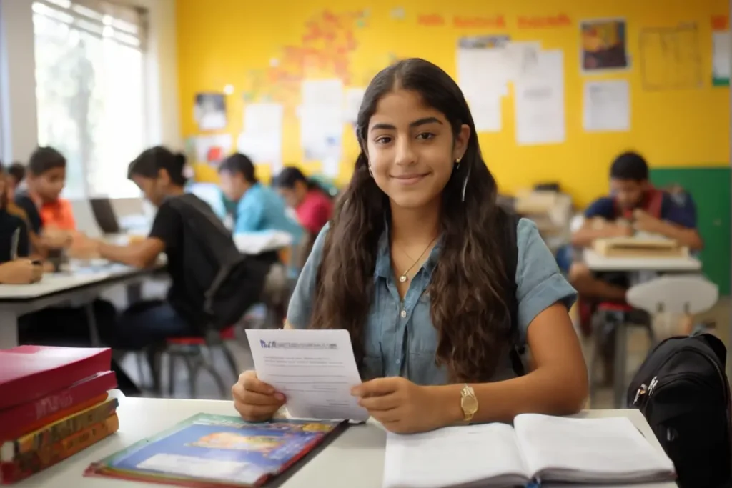 Estudiante con visa y carta de aceptación en un aula moderna
