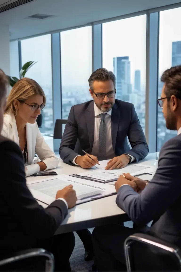 Inversionista revisando documentos con un consultor en una oficina profesional