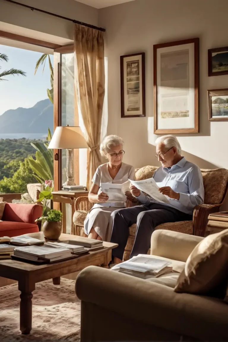 Pareja de ancianos revisando documentos de pensión en una sala acogedora