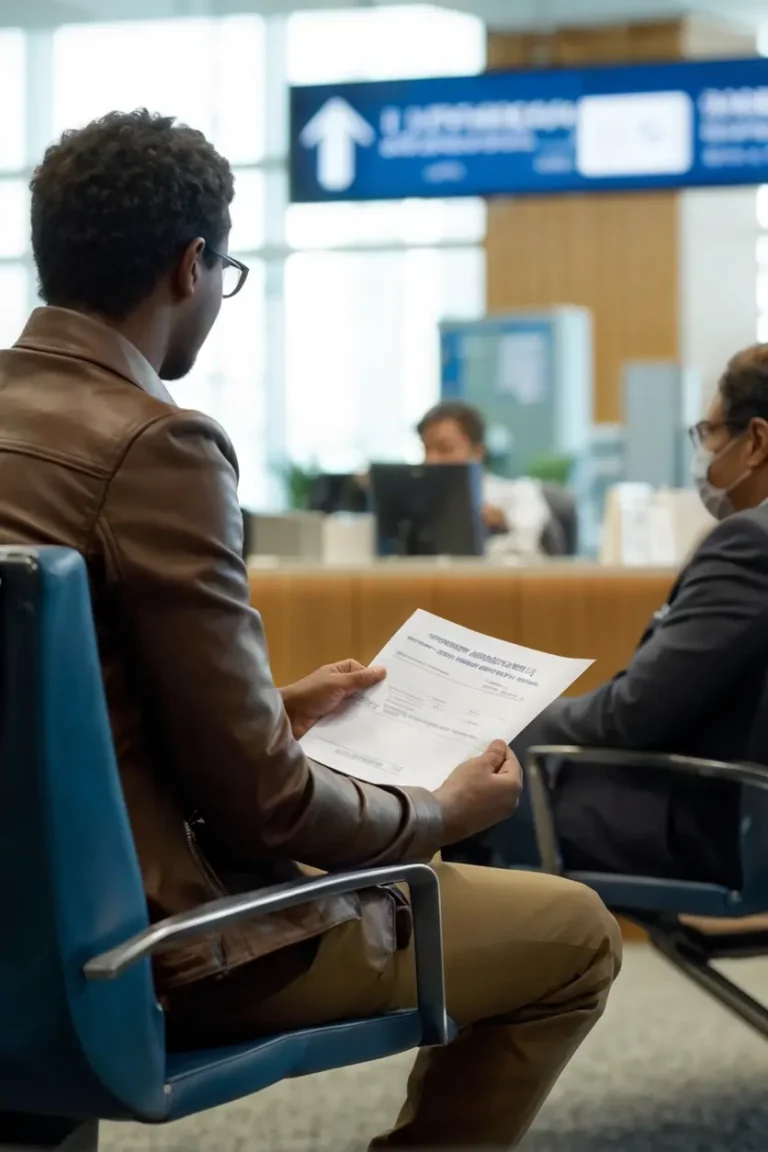 Persona esperando en una oficina gubernamental con un documento de inmigración vencido
