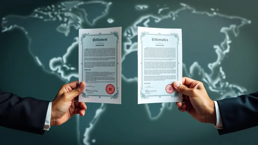 ¿Qué es la Apostilla de un Documento? 2 Dos manos sosteniendo documentos, una con un sello de apostilla y la otra con un sello de legalización, con el telón de fondo de un globo terráqueo y varios hitos internacionales.