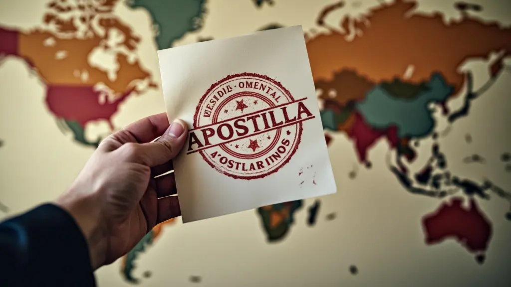 ¿Qué es la Apostilla de un Documento? 8 La mano de una persona sosteniendo un documento con un sello de apostilla, sobre el fondo de un mapa del mundo, que enfatiza el reconocimiento global de los documentos apostillados, con una sutil superposición de sellos oficiales de varias autoridades emisoras