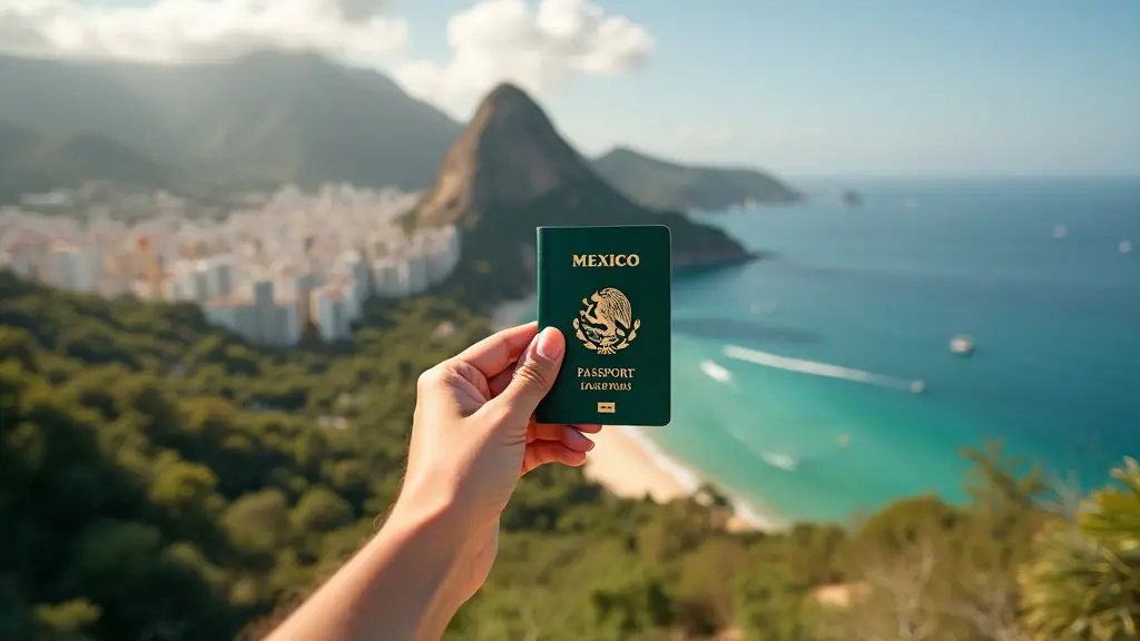 ¿Qué es la naturalización mexicana? 4 Una persona con pasaporte mexicano, de pie frente a un vibrante paisaje mexicano con un horizonte urbano, montañas y playa, que simboliza la libertad de vivir, trabajar y viajar en México