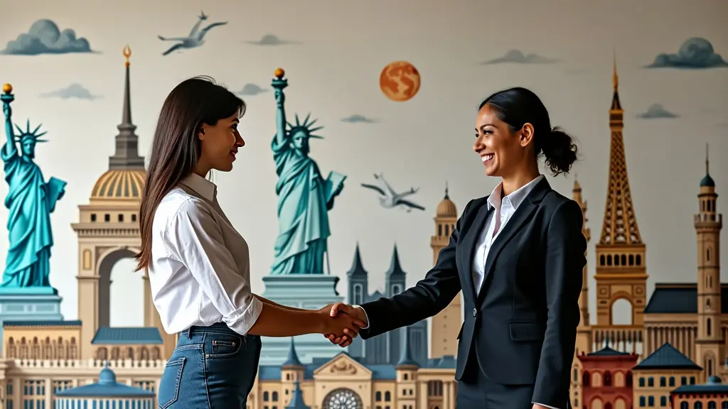 Una persona vestida de profesional, extendiendo una mano amiga a otra persona que sostiene un "Certificado de Naturalización", ambas de pie frente a un fondo que representa un collage de monumentos mundiales y diversos símbolos culturales.