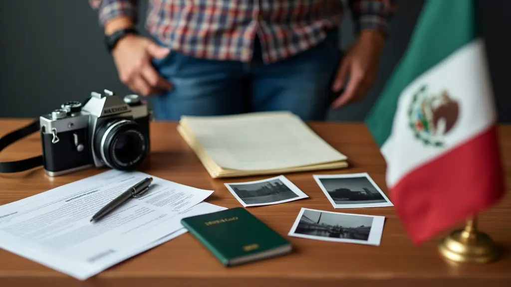 ¿Cuáles son los requisitos necesarios para una visa de trabajo en México? 8 Una persona con pasaporte suizo y documentos, de pie frente a una bandera mexicana, con una cámara y fotos extendidas sobre una mesa, que simbolizan los requisitos de fotografía y documentación para una visa de trabajo mexicana